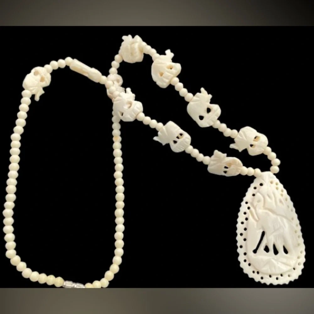 Vintage Carved Bone Pendant Off White Beaded Necklace Elephant Design Good Luck